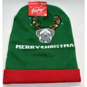 Happy Holidays "Merry Christmas" Bulldog Knit Beanie Hat NWT